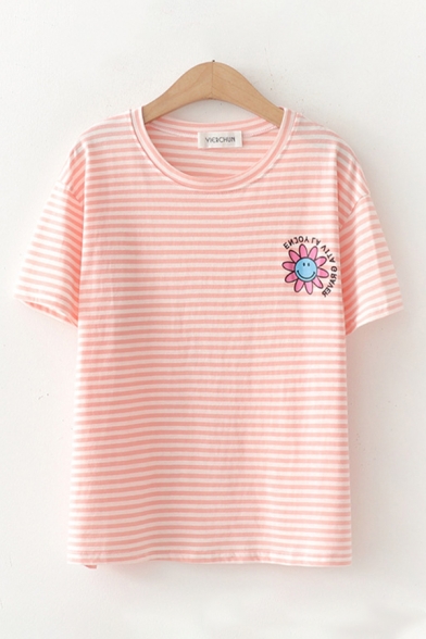 Floral Stripe Letter Graphic Short Sleeve Round Neck Relaxed Fit Fashion T Shirt for Girls