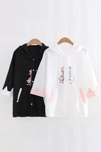 Japanese Letter Cat Embroidered Contrasted Patched 3/4 Sleeves Button down Relaxed Fit Sun Protection Daily Jacket for Women