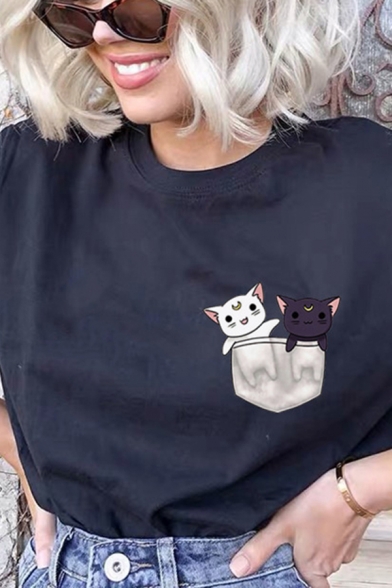 Leisure Pocket Cats Printed Rolled Short Sleeve Crew Neck Slim Fit T-shirt for Ladies