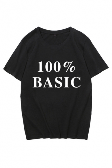Letter 100% Basic Print Short Sleeve Crew Neck Loose Fit Chic Tee for Girls