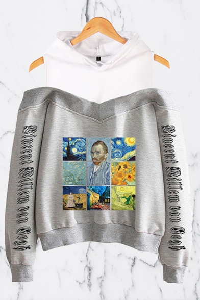 Letter Sudoku Oil Painting Graphic Long Sleeve Cold Shoulder Patched Relaxed Trendy Hoodie for Girls