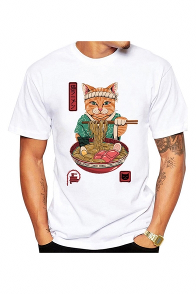 Lovely Cat Eating Noodles Printed Short Sleeve Crew Neck Relaxed Fit T Shirt for Guys