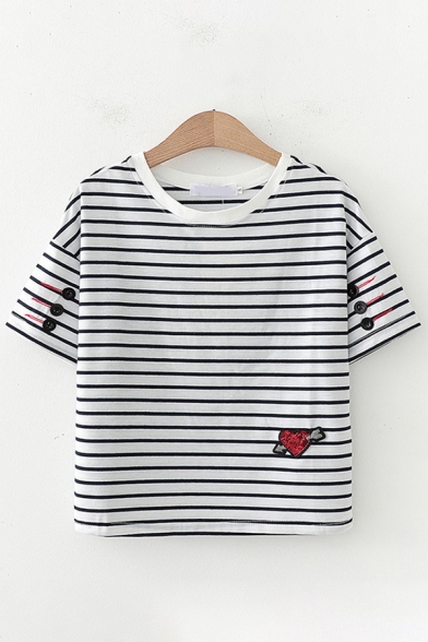 Sequins Heart Embroidered Striped Button Details Short Sleeve Round Neck Loose Fit Fashion Tee Top for Women