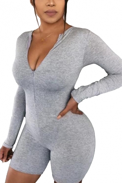 Sexy Ladies Solid Color Long Sleeve Zipper Front Slim Fit Stretchy Rompers