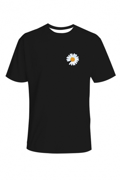 Simple Mens Single Daisy Floral Printed Short Sleeve Crew Neck Relaxed Fit T Shirt in Black