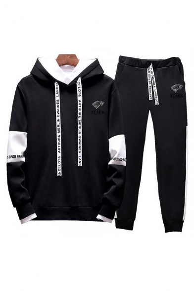 Stylish Letter Stark Printed Patched Contrasted Long Sleeves Drawstring Loose Hoodie & Ankle Cuffed Relaxed Sweatpants for Boys