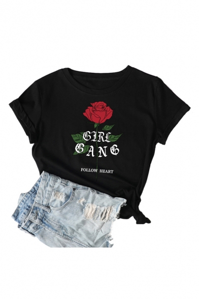 Summer Girls Letter Follow Heart Rose Graphic Rolled Short Sleeve Crew Neck Slim Fit T Shirt