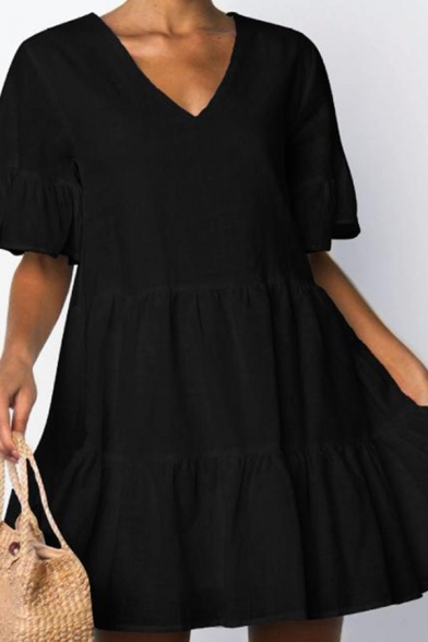 Casual Womens Solid Color Bell Sleeves V-neck Ruffled Trim Short Swing Dress