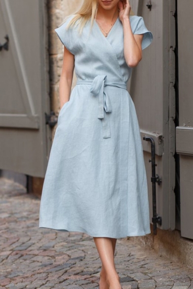 Casual Womens Solid Color Short Sleeve Surplice Neck Bow Tie Waist Midi A-line Wrap Dress in Light Blue