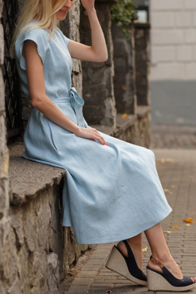 Casual Womens Solid Color Short Sleeve Surplice Neck Bow Tie Waist Midi A-line Wrap Dress in Light Blue