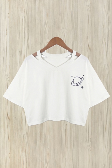 Chic Cartoon Planet Printed Short Sleeves V-neck Cut out Relaxed Cropped T Shirt for Girls