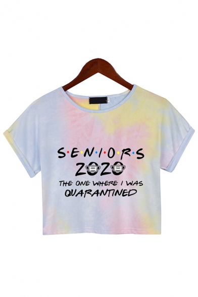 Chic Pink Tie Dye Letter Seniors 2020 Print Rolled Short Sleeve Round Neck Regular Fit Cropped T-shirt for Girls