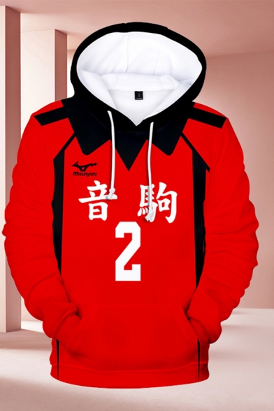 Chinese Letter Number 3D Cosplay Print Contrasted Long Sleeve Drawstring Pouch Pocket Loose Popular Hoodie in Red