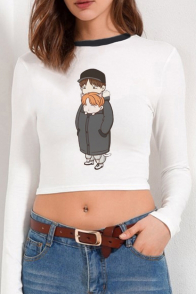 Cute Cartoon Figure Printed Long Sleeve Contrasted Crew Neck Slim Fit Crop T-shirt in White