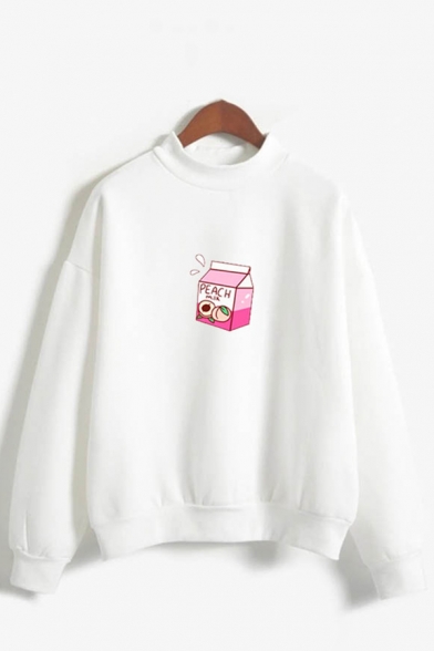Cute Girls Peach Juice Patterned Long Sleeve Mock Neck Loose Pullover Sweatshirt