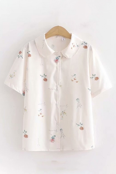 Fancy Womens Allover Floral Printed Short Sleeve Peter Pan Collar Button up Relaxed Shirt in White