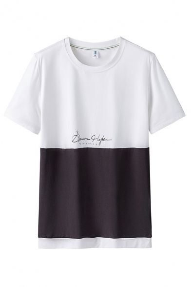 Korean Style Guys Letter Print Colorblock Short Sleeve Crew Neck Loose T Shirt