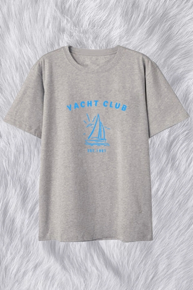 Letter Yacht Club Boat Graphic Short Sleeve Crew Neck Relaxed Fitted T-shirt for Girls