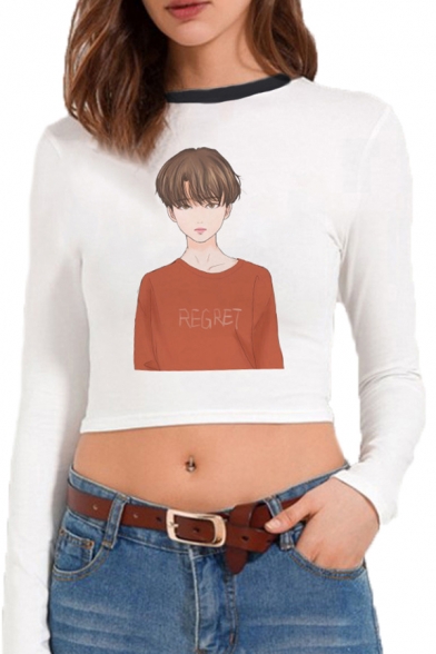 Lovely Girls White Cartoon Print Long Sleeve Contrasted Round Neck Regular Fit Crop Tee Top