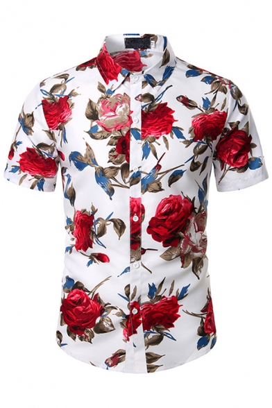 Mens White Allover Floral Patterned Short Sleeve Turn-down Collar Button down Slim Fit Popular Shirt