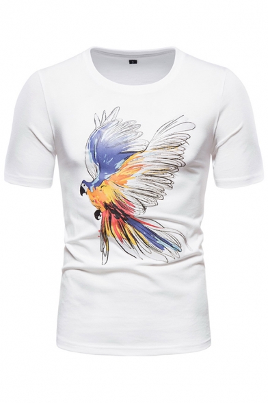 Parrot Printed Short Sleeve Crew Neck Slim Fitted Fashion Tee Top for Guys