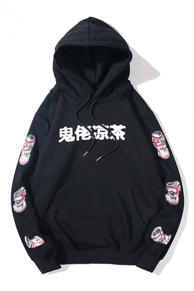 Popular Sherpa Liner Chinese Letter Cartoon Graphic Pouch Pocket Loose Hoodie for Men