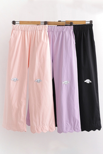 Popular Womens Cartoon Dog Embroidery Scalloped Cuffs Long Length Straight Pants