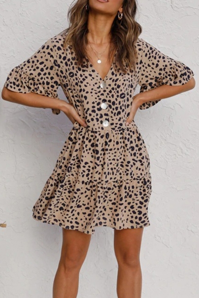 Popular Womens Leopard Printed Ruffled Bell Sleeves V-neck Button up Short Pleaed A-line Dress in Khaki