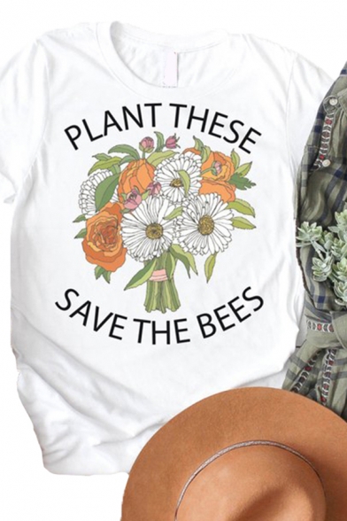 Preppy Girls Letter Plant These Save The Bees Flower Graphic Rolled Short Sleeve Crew Neck Fitted T-shirt