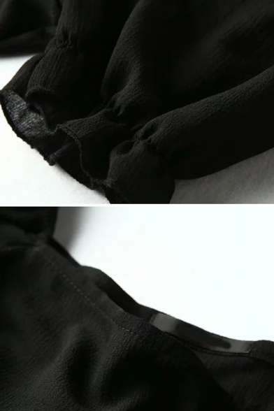 Sexy Ladies Black Stringy Selvedge Puff Sleeves Square Neck Slim Fit Crop Tee
