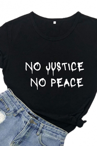 Simple Girls Letter No Justice No Peace Printed Short Sleeve Crew Neck Loose Tee Top