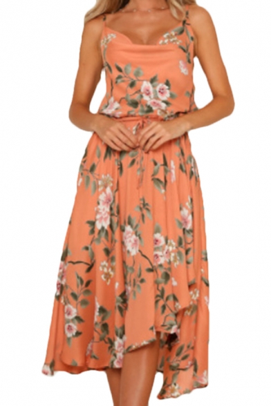 Stylish Womens All over Flower Printed Cowl Neck Mid Pleated A-line Cami Dress in Orange