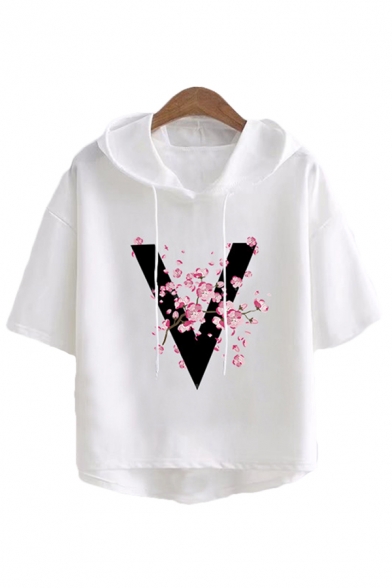 Trendy Womens Letter V Floral Graphic Short Sleeve Hooded Drawstring High Low Hem Loose T Shirt