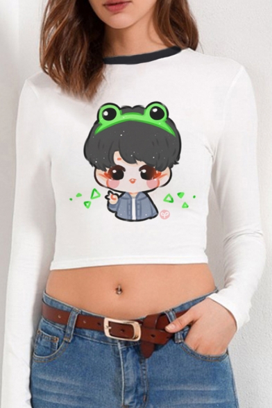 White Sexy Cartoon Pattern Long Sleeve Contrasted Crew Neck Slim Fit Cropped Tee Top for Ladies