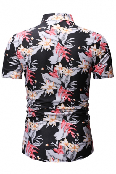 All over Flower Printed Short Sleeve Turn-down Collar Button up Regular Fitted Stylish Shirt