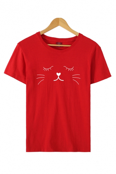 Basic Cartoon Cat Printed Short Sleeve Crew Neck Regular Fit Tee Top for Girls