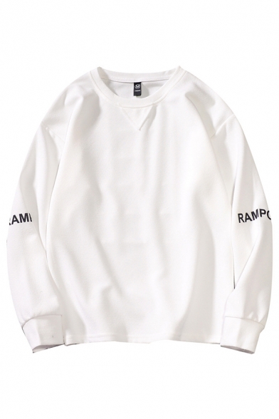 Basic Letter Rampo Long Sleeve Crew Neck Regular Fitted Pullover Sweatshirt for Men