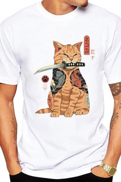 Boys Cat Knife Printed Short Sleeve Crew Neck Loose-fit Stylish T Shirt