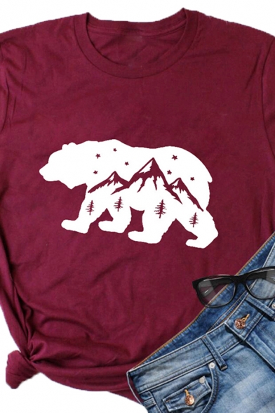 Casual Bear Mountain Pattern Short Sleeve Crew-neck Slim Fitted T-shirt for Women