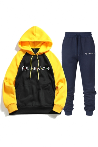 Casual Boys Letter Friends Printed Contrasted Long Sleeve Drawstring Kangaroo Pocket Loose Fit Hoodie & Ankle Cuffed Sweatpants Set
