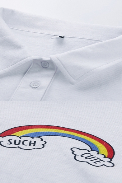 Chic Girls Letter Such Cute Rainbow Graphic Short Sleeve Turn-down Collar Button up Relaxed Crop Shirt in White