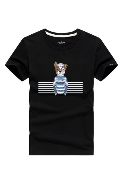 Chic Guys Cartoon Dog Stripe Printed Short Sleeve Crew Neck Regular Fit T Shirt