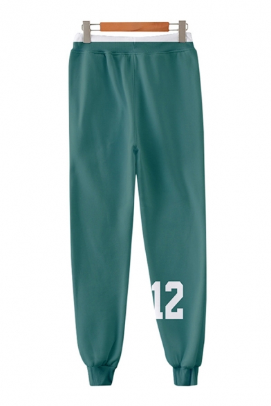 Cosplay Cool Drawstring Waist Number Print Ankle Length Cuffed Carrot Fit Sweatpants in Green