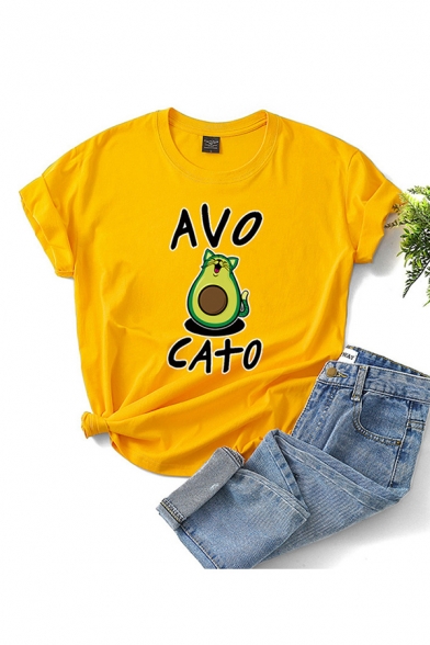 Fashion Girls Letter Avo Cato Cartoon Graphic Rolled Short Sleeve Crew Neck Slim Fit T Shirt