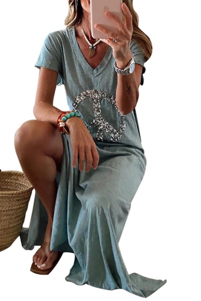Fashion Womens Geo Printed Short Sleeve V-neck Slit Sides Maxi A-line T-shirt Dress