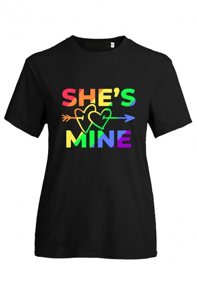 Fashionable Black Colorful Letter She's Mine Heart Graphic Short Sleeve Crew Neck Regular Fit Tee Top for Women