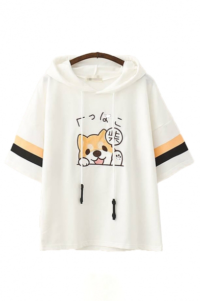 Japanese Letter Dog Embroidery Striped Short Sleeve Hooded Drawstring Loose Fit Fancy Tee Top for Girls
