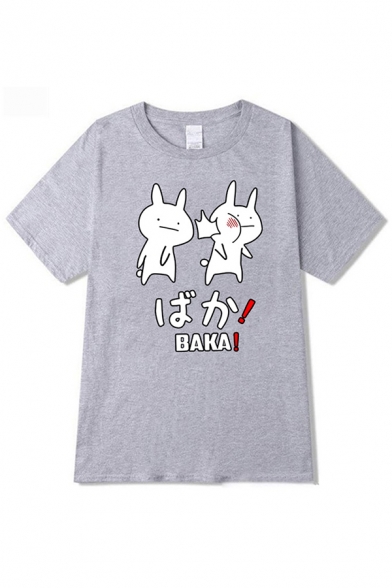 Japanese Letter Rabbit Graphic Short Sleeve Crew Neck Relaxed Fit Cool T Shirt for Guys
