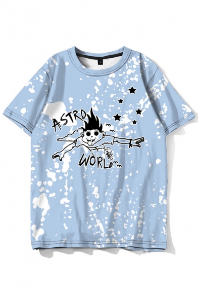 Letter Astro World Cartoon Graphic Splash Ink Short Sleeve Crew Neck Loose Stylish Tee Top for Guys