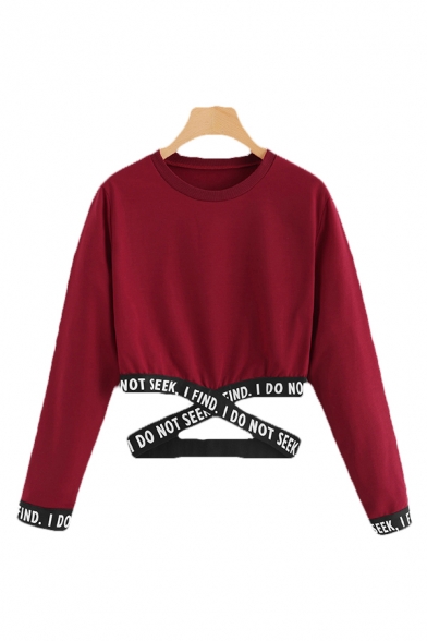 Letter I Find I Do Not Seek Printed Crisscross Tape Panel Long Sleeve Crew Neck Relaxed Crop Chic Pullover Sweatshirt for Girls